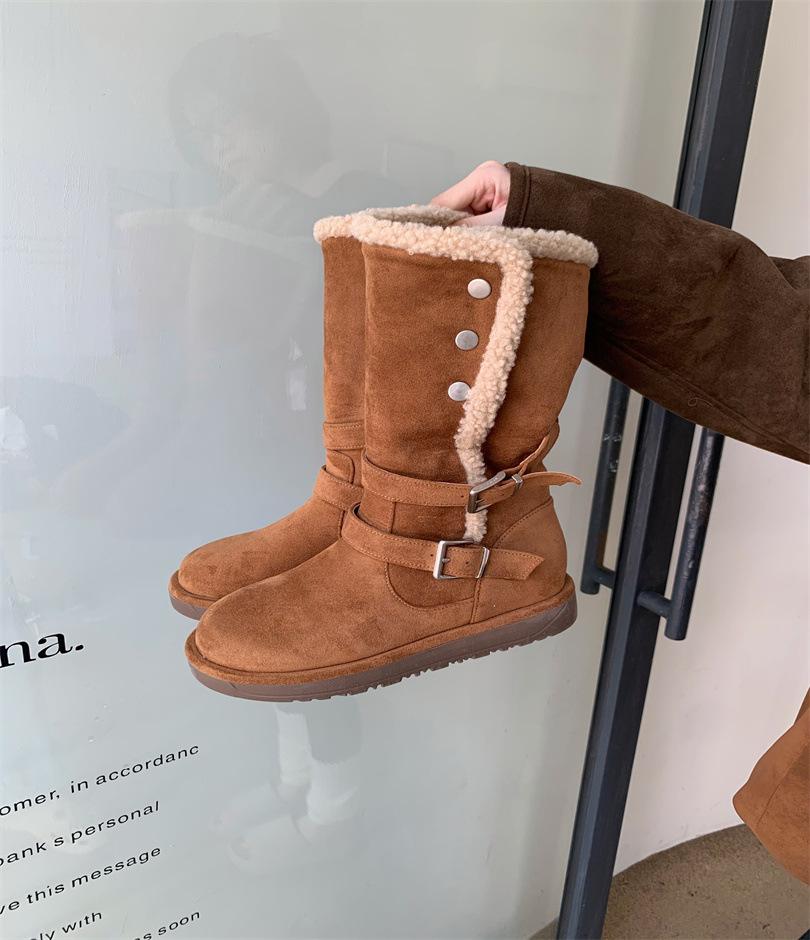 Order Muse Leather Buckle Snow Boots Two Wear Real Fur Integrated Women's Winter Cotton Shoes Cowhide Wool Martin Boots