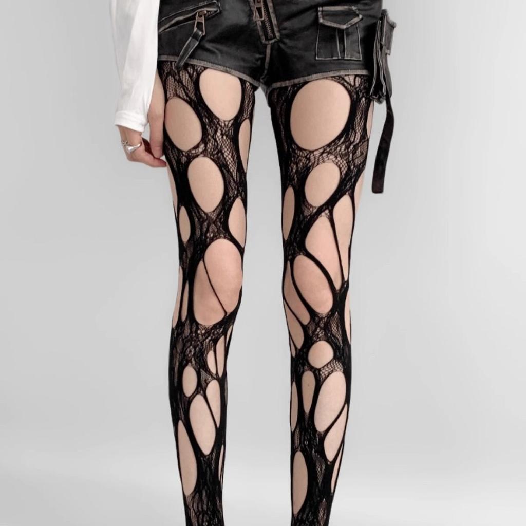 Black ripped mesh socks new torn personality roses hollow irregular stockings goth fun punk socks