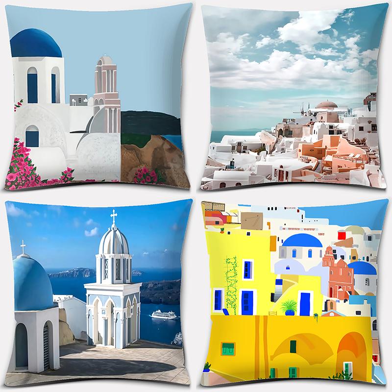 

45x45cm Greece Santorini Series Pattern Printing Pillowcase Living Room Sofa Office Seat Cushion Cover Home Decor Pillowcase