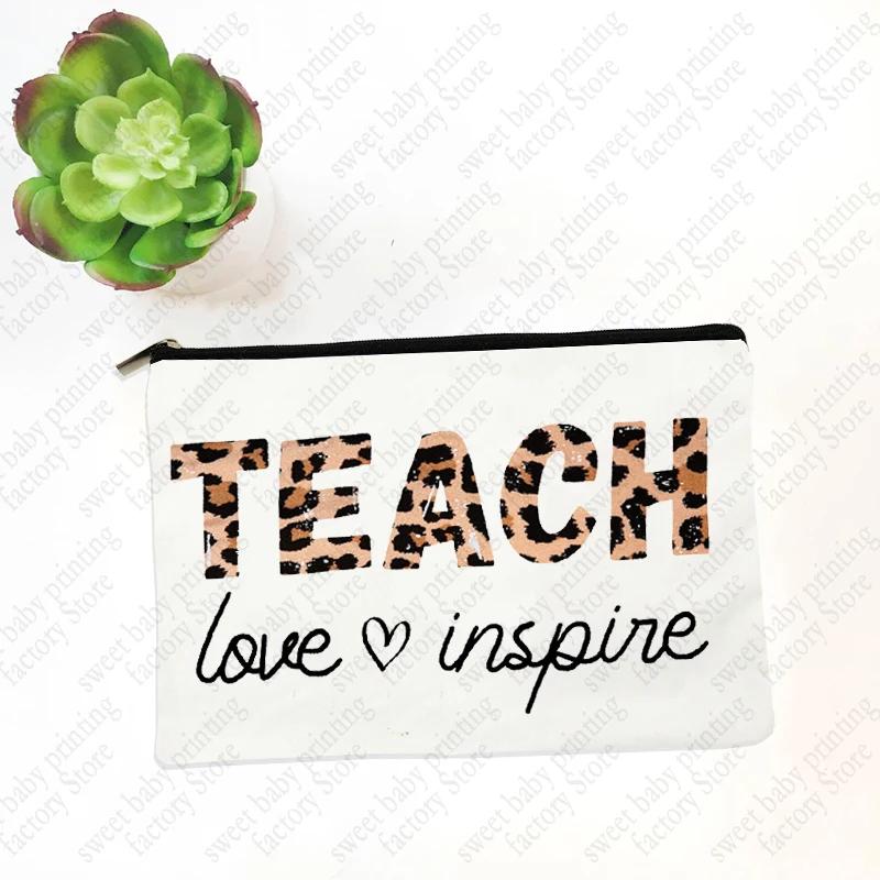 Teach Love Inspire Teacher Makeup Cosmetic Bags  Back To School Gift Beauty Cases Pencil Pouch Organizer Storage Box Mini Purse
