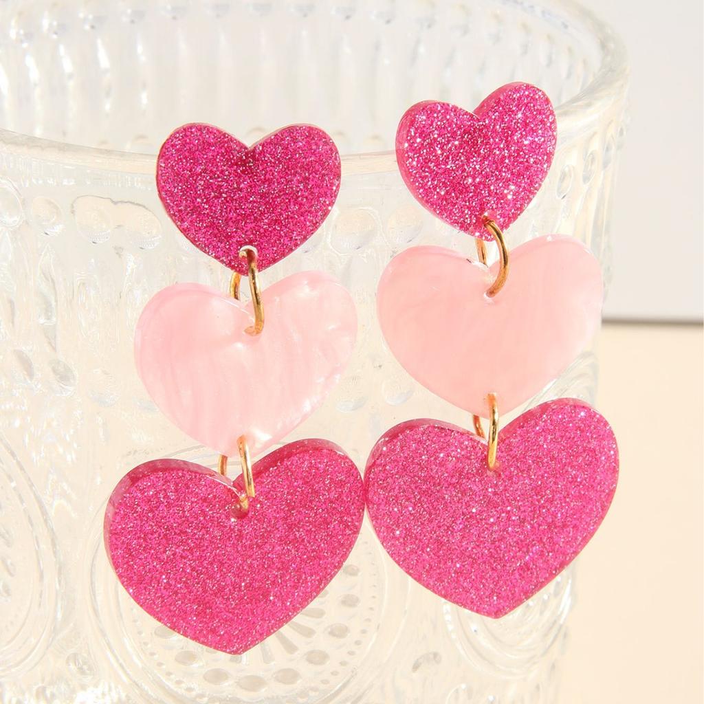 1pair Pink Heart-Shaped Earrings, Women'S Color Blocked Multi-Layer Earring Pendant, Valentine'S Day Acrylic Simple Heart-Shaped Earrings