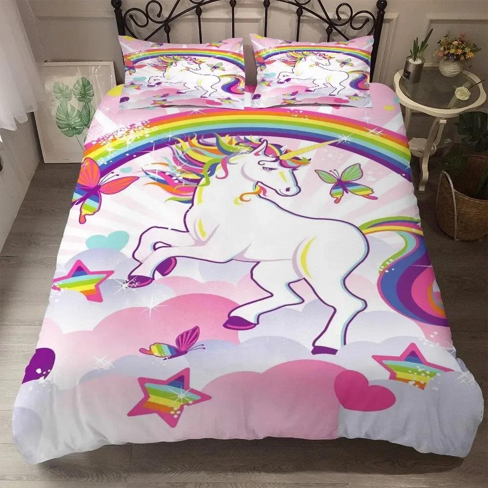 Children Bedding Set Single Bedding and Bed Sets Home Textile Unicorn Cartoon Lovely Kids Duvet Cover Set King Queen Full Twin