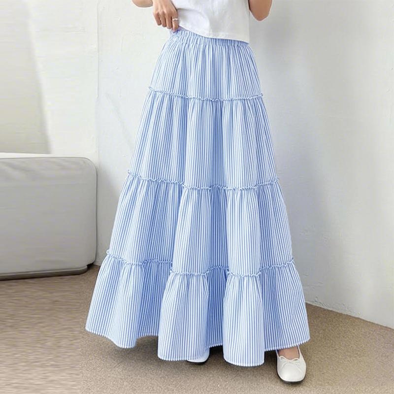 ZANZEA Women Casual Elastic Waist Loose Stripe Long Skirts