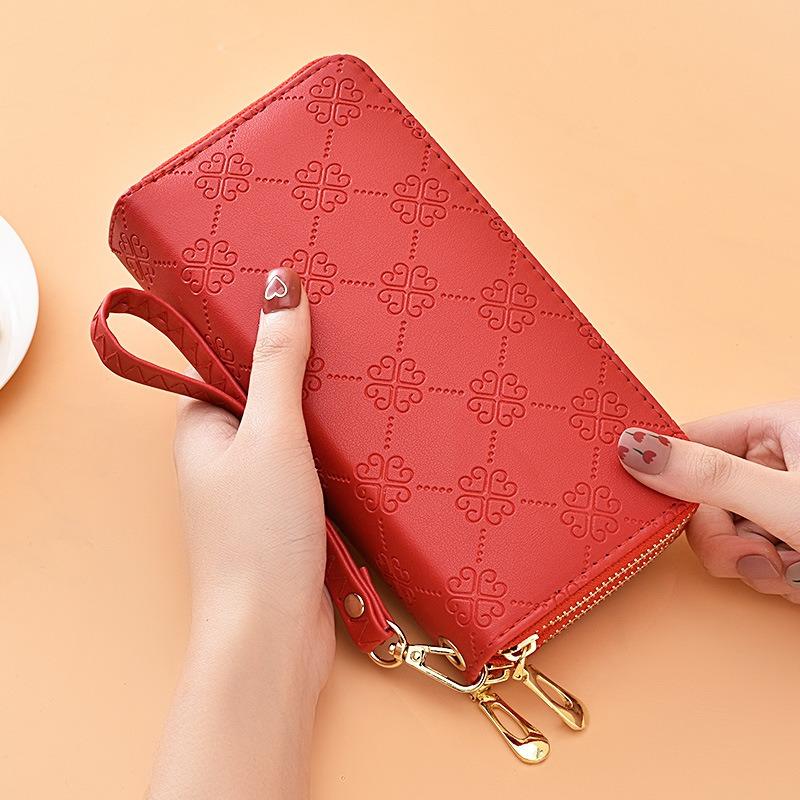 Wallet for women, long, European and American, shiny leather, double zipper handbag, large capacity, double-layer phone bag, frosted wrist wallet