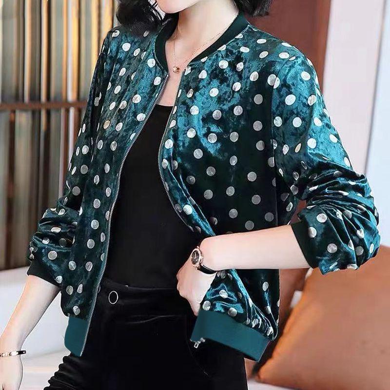 Women s Plus Size Autumn Gold Velvet Polka Dot Baseball Cardigan 2XL
