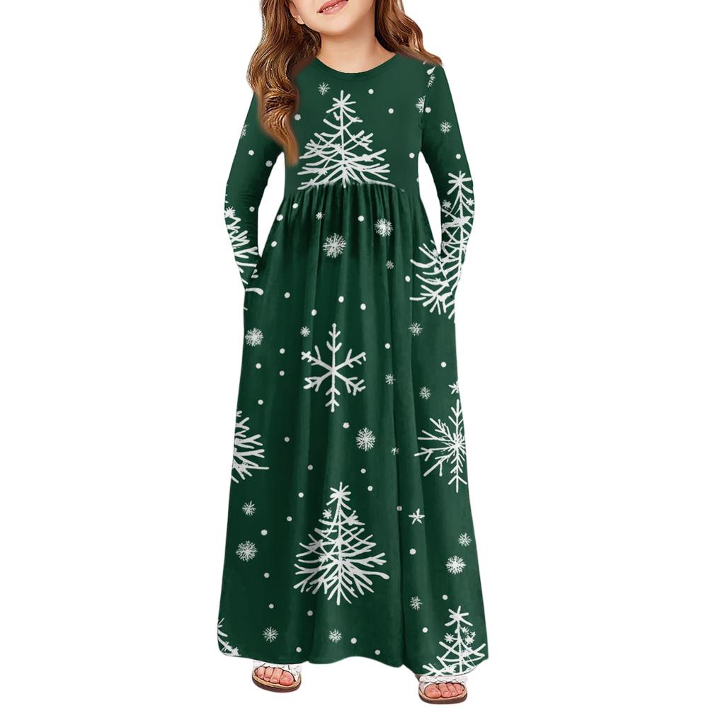 Girls' Maxi Dress - Long Sleeve Pocket Dress Christmas Day