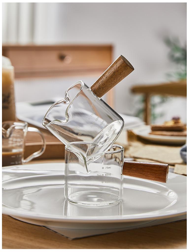 Glass Espresso Bean Measuring Cup with Double Spout, Wooden Handle, and Small Milk Jug