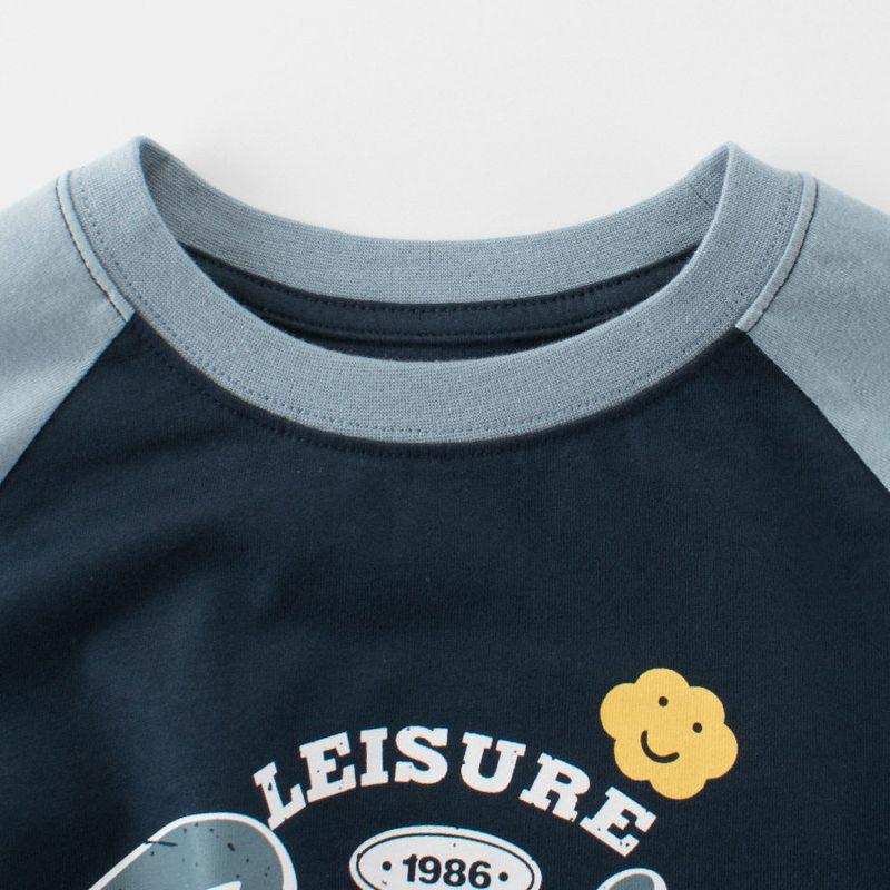 Boys and Girls Raglan Sleeve Short-Sleeved T-Shirt Summer Kidsren's Contrasting Color Letter Print Top Medium and Large Kidsren's Pure Cotton Clothes