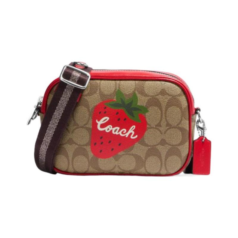 COACH Jamie 19 Strawberry Print Presbyopia Printed All Over PVC Camera Bag Shoulder Bag Mini Women’s Red and Brown коричневый