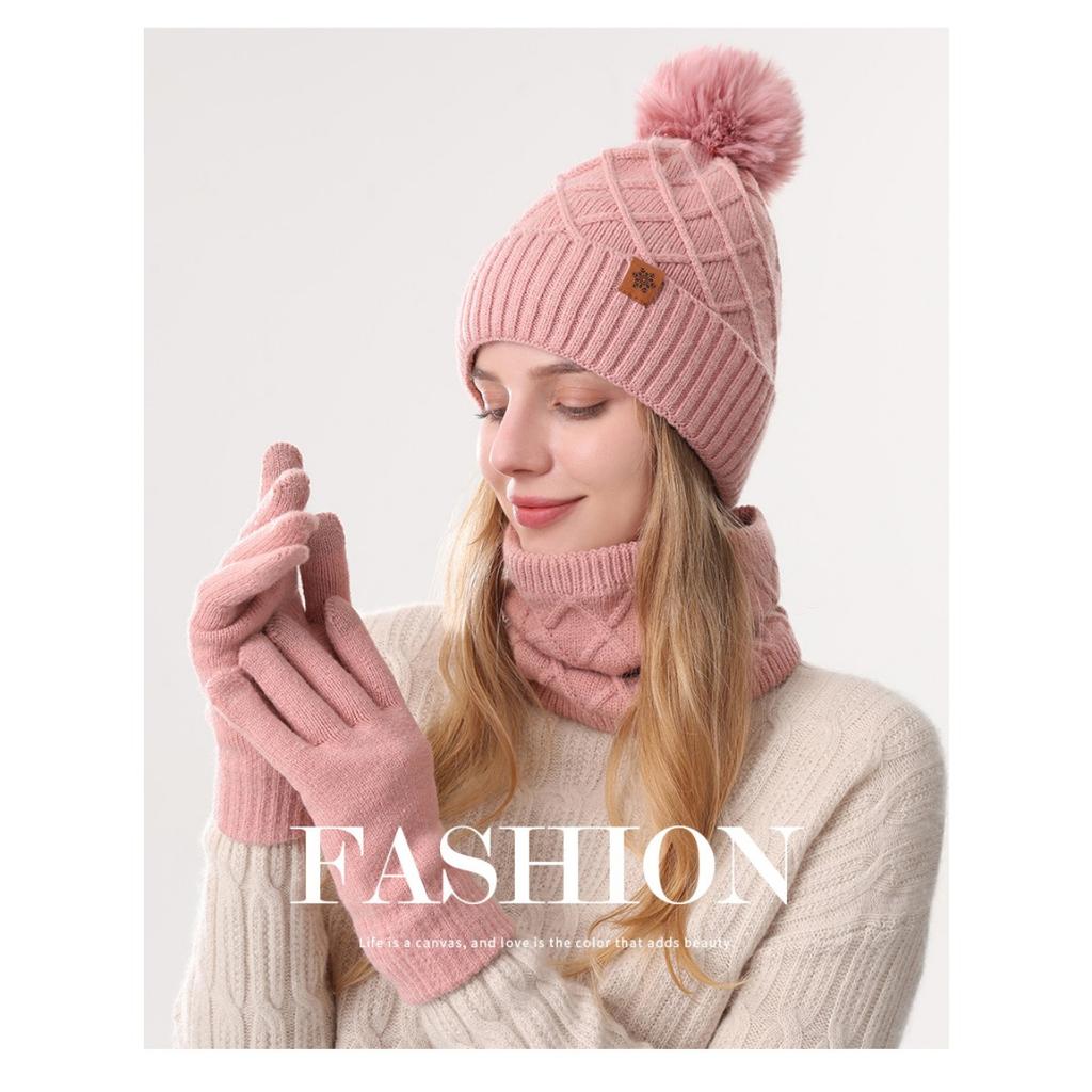 Knitted Hat, Ladies', Cold Hat, Double-layer, Scarf, Outdoor, Warm Hat, Knitted Hat, Gloves, Three Piece Set
