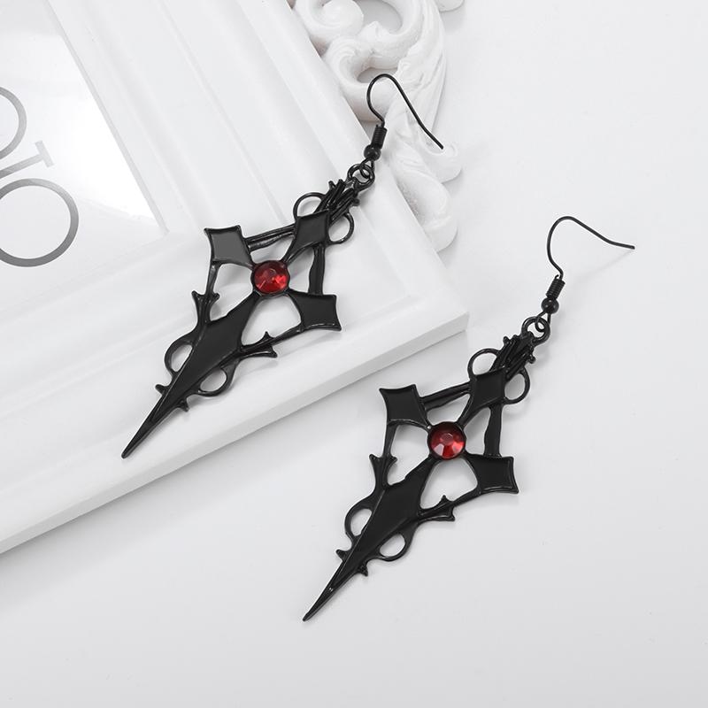 Retro Gothic Dark Style Studded Red Zircon Cross Black Metal Earrings for Women Accessories