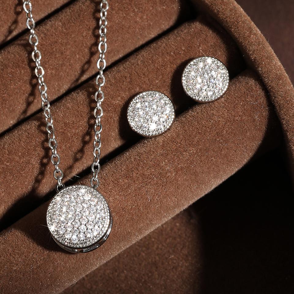 ZAKOL Shiny Micro-set Zircon Round CZ Stud Earrring Necklace Set for Women Exquisite Engagement Party Zircon Sets