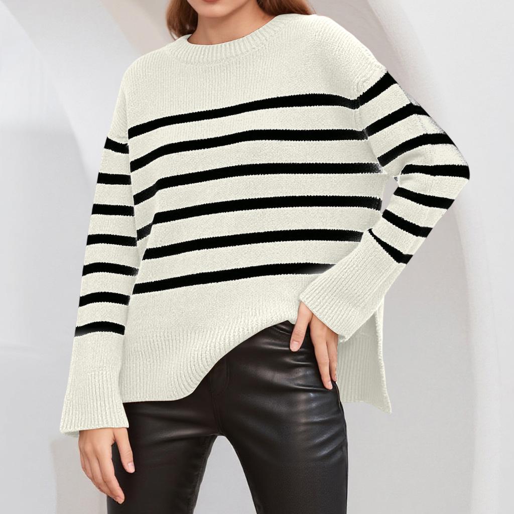 Women's Casual Striped Loose Round Neck Pullover Sweater