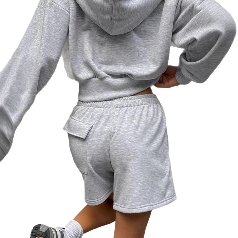 European and American fashion gray hooded sweatshirt set for women, 1116 autumn/winter sporty casual jacket and shorts, two-piece set for women