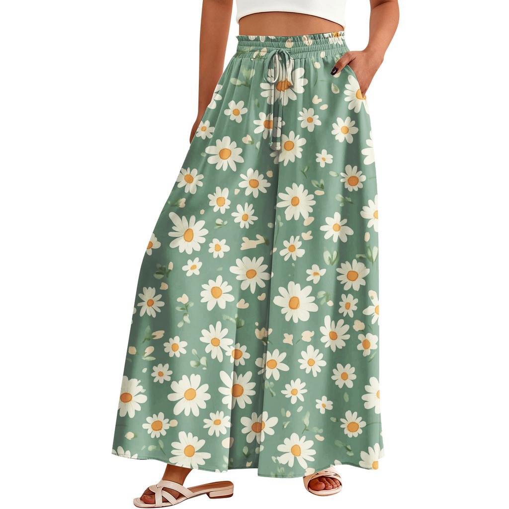 Women's Palazzo Pants Boho Floral Wide Leg Trousers Summer Beach High Waisted Flowy Pants With Pockets
