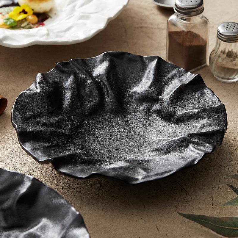 Folding deep plate, dishes, Japanese tableware, western-style salad, household ceramic high-grade tableware.