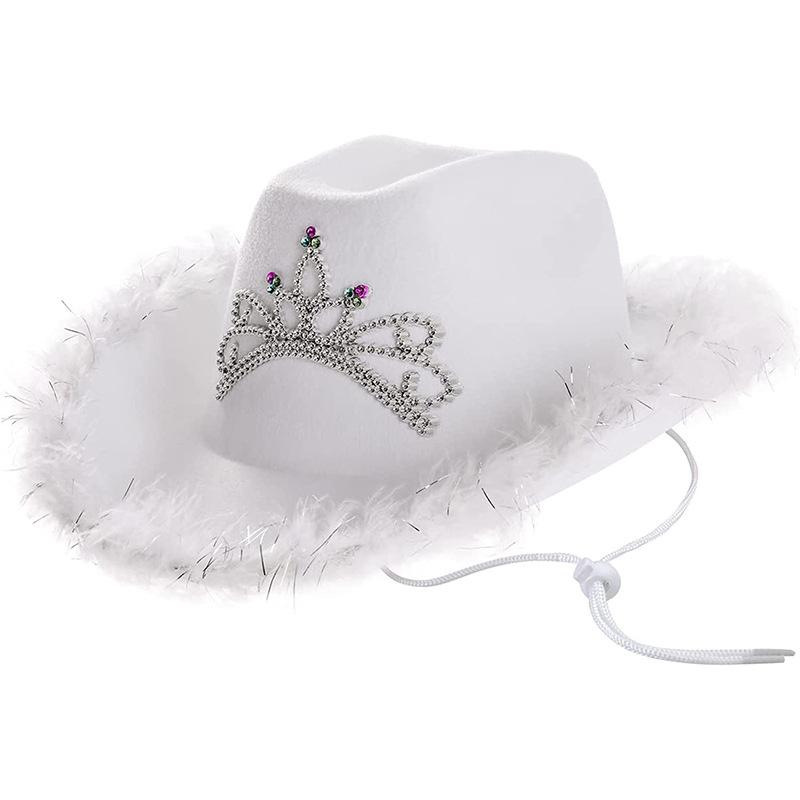 Pink Crown Western Cowgirl Hat Women Girls Tiara Feather Felt Sequin Cowboy Cap Costume Party Jazz Caps Halloween Cosplay Props