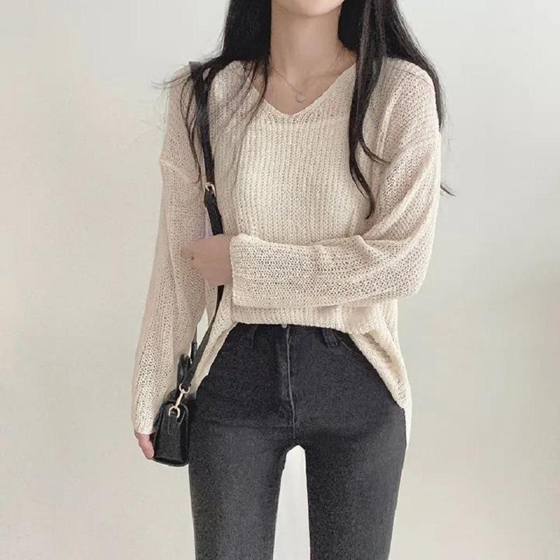 

Блузка в европейском и американском стиле с ажурной перспективой, тонкий трикотажный свитер с длинными рукавами, женская осенняя новинка в ленивом стиле 49-102 (average size) абрикосовый