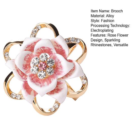 Women Brooch High-Gloss Rhinestone Inlay Sparkling Enamel Rose Flower Design Lapel Pin Non-Slip Buckle Scarf Badge Clothing Bags