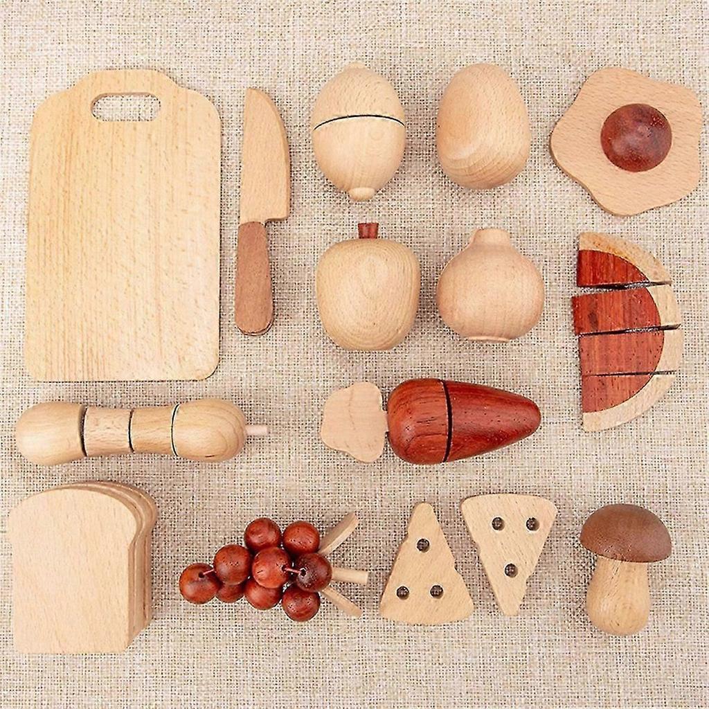 Wooden Play Food Set with Fruits and Vegetables, Natural Simulated Colors for Cooking Roleplay