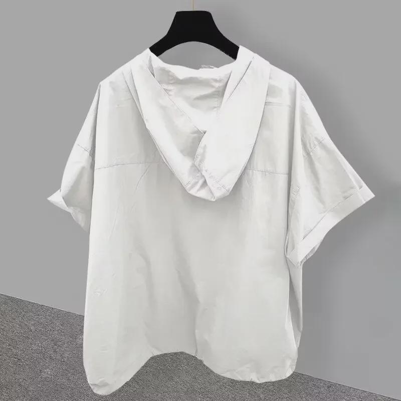 Unisex Dark Hooded Short-Sleeve Sweatshirt: 2024 Summer Loose Fit, Solid Color, All-Match Style