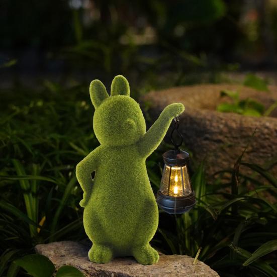 Solar Rabbit Garden Statue Resin Flocked Bunny Sculpture with Lantern Solar Powered Rabbit Light for Patio Yard Outdoor Decor Housewarming Gift