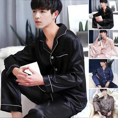 2Pcs/Set Men Pajamas Set Lapel Long Sleeve Single Breasted Tops Elastic Waist Loose Long Trousers Set Home Wear