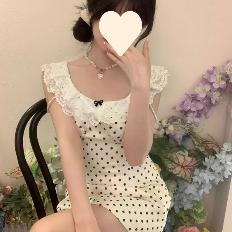 Polka dot suspender dress summer skirt new small lace sweet waist skirt S
