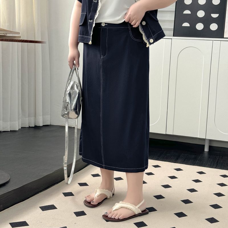 

Plus size women clothing [Chao Kuniu Zi Set] Lace Stitching Hood Short sleeve Leisure Outerwear Skirt Two-piece Set Dark blue-Skirt 3XL