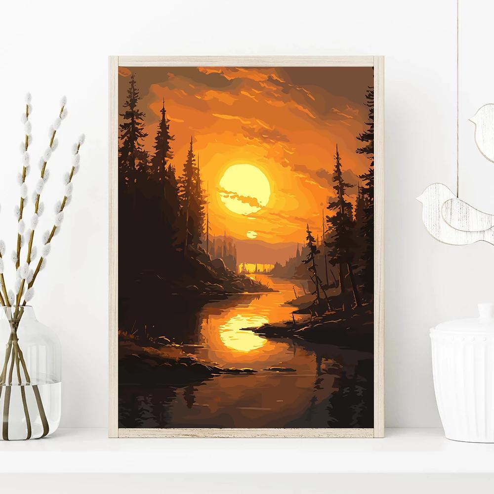 Retro Warm Forest Valley Sunset Natural Wilderness Landscape Art Poster Canvas Prints Mural Living Room Bedroom Home Decoration
