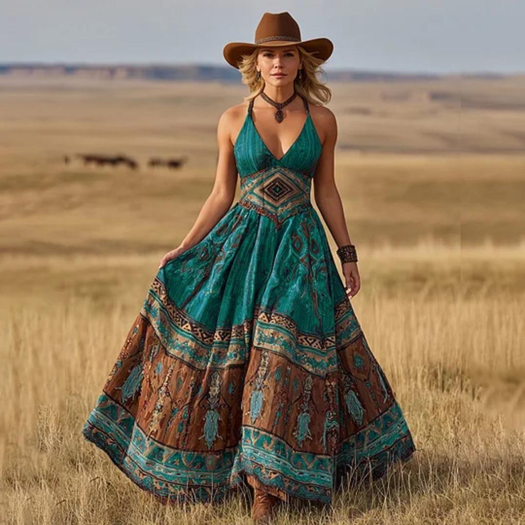 New Boho Dress for Women, Summer Sexy V Neck Printed Fashion Casual Dress, European American Style