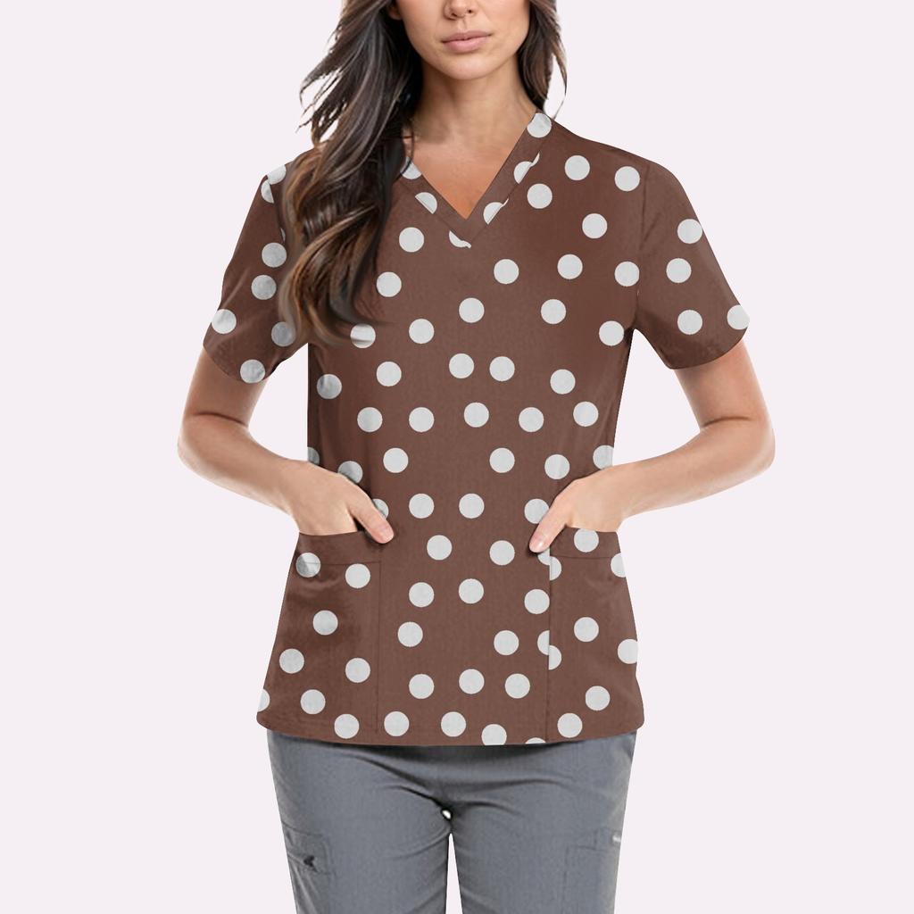 Women's Cute Printed Work Clothes V-neck Double Layer Pockets Basic Short Sleeve Top Pullover Valentines