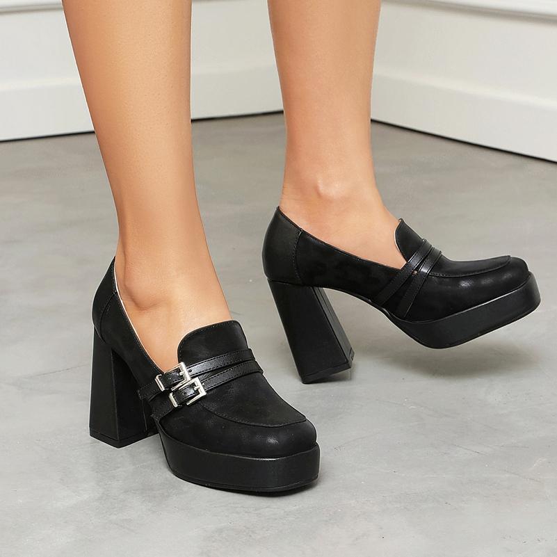 FOREADA Damen Loafer Pumps Quadratische Zehenpartie Klobige Hohe Absätze Schnalle Plateau Sexy Damen Mode Schuhe Frühling Herbst 43