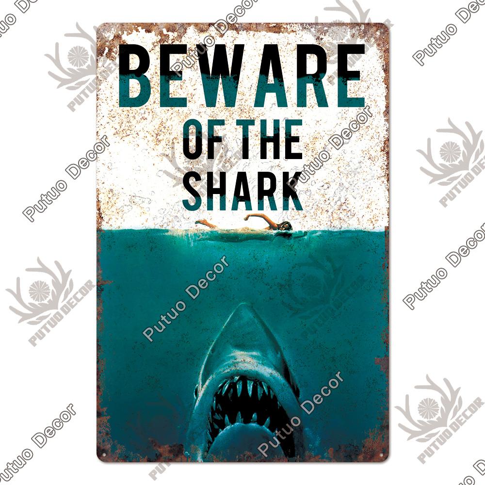 Putuo Decor Shark Sign Metal Signs Vintage Tin Sign Funny Warning Movie Poster for Bar Pub Kitchen Club Man Cave Wall Decoration