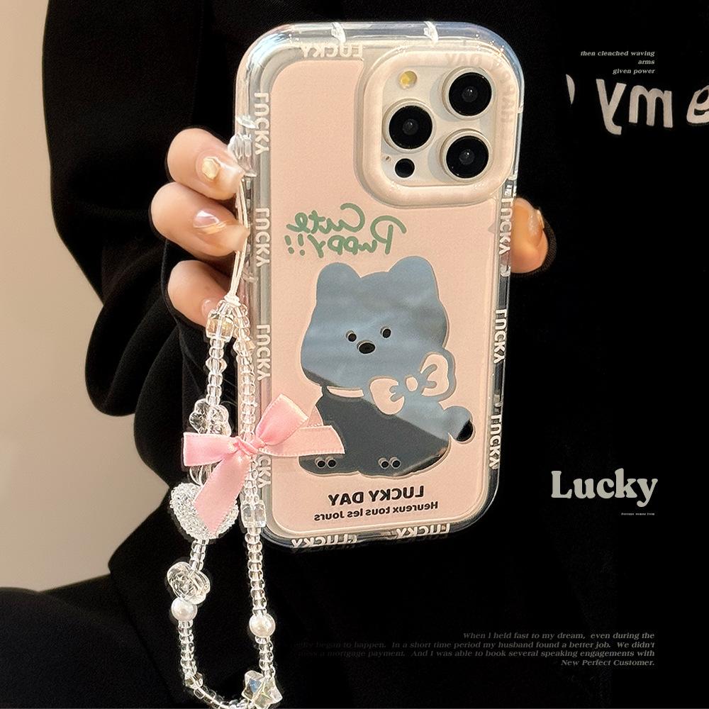 Pink Puppy Mirror for IPhone 16 Mobile Phone Case 14 ProMax Girl for IPhone 15 for 17 Bow Hanging Chain 11