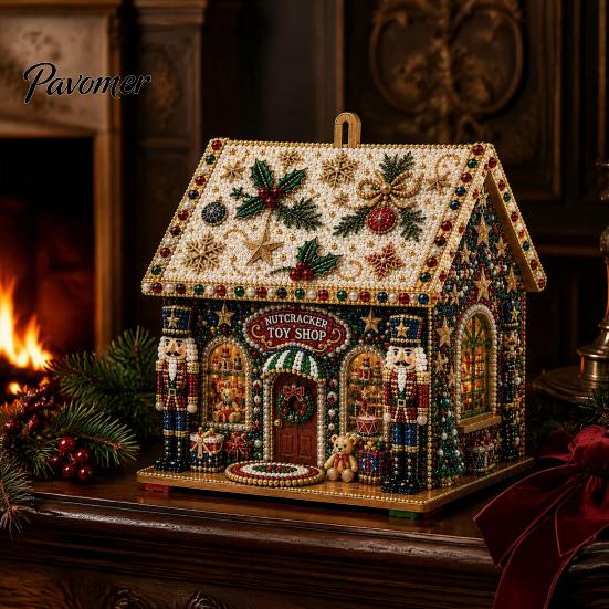 DIY Holiday Craft Set 3D House Christmas Faux Pearl Art Kit, Handmade Rhinestone Painting Kit Relaxing Activities for Adults Adults, Tabletop