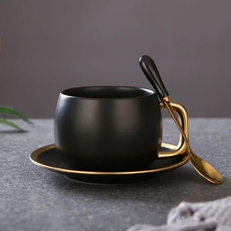 280ml Luxury Black Gold Marble Ceramic Coffee Cup Concentrated Tea Juice Breakfast Milk Cup with Plate Spoon Set Tea Set