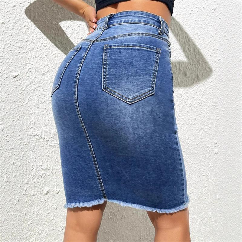 Women Fashion High Waist Denim Skirts Ladies Stretch Jeans Knee Length Casual Bodycon Dress Skirt