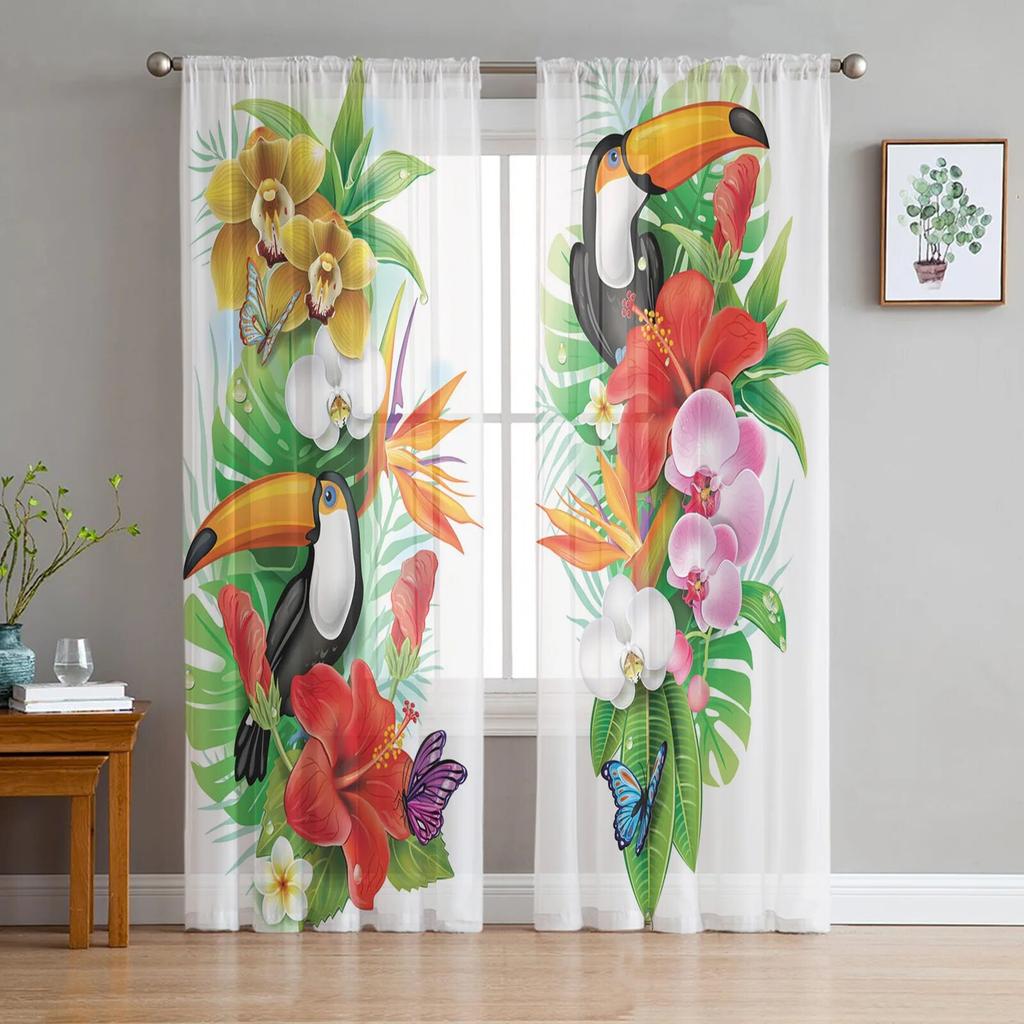 Tropical Green Plant Leaves Sheer Curtains For Living Room Bedroom Tulle Curtains Kitchen Window Treatments Panel Drapes