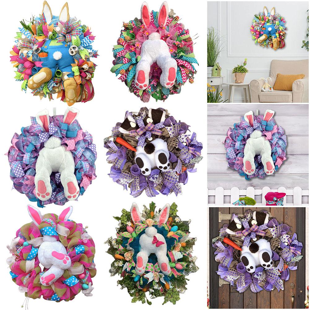 Easter Bunny Wreath Colorful Bunny Garland Cloth Rabbit Door Ornaments 45×40 Cm Creative for Front Door Outdoor Decor