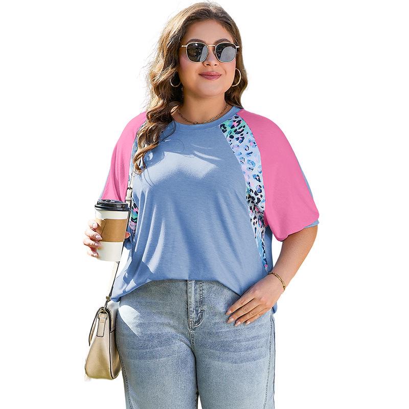 

2025 Summer Women s Plus Size Leopard Print Color Block Short Sleeve T-Shirt - European & American Fashion XL