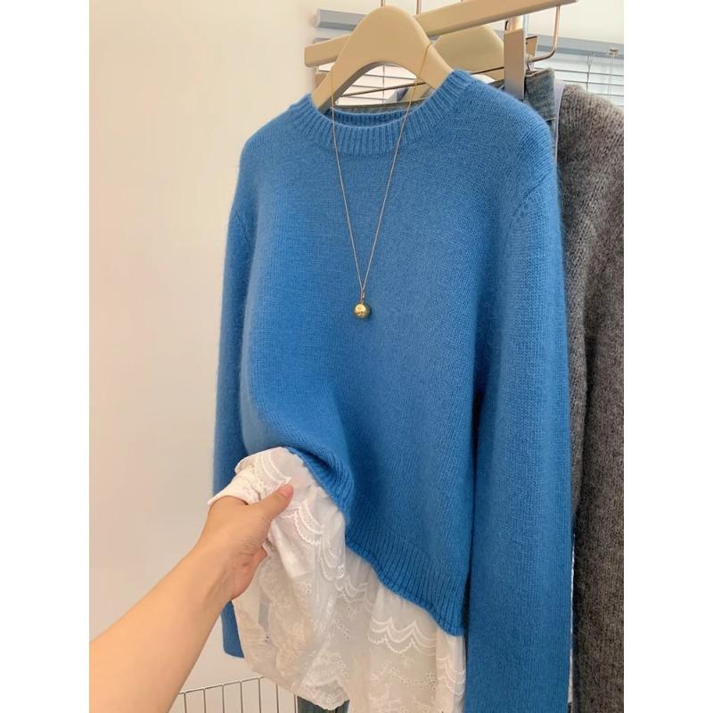 Jesień Zima Sweter Damski z Okrągłym Dekoltem, Koronkową Naszywką, Luźny, Casualowy, Imitujący Dwie Części, Dzianinowy Pulower Top