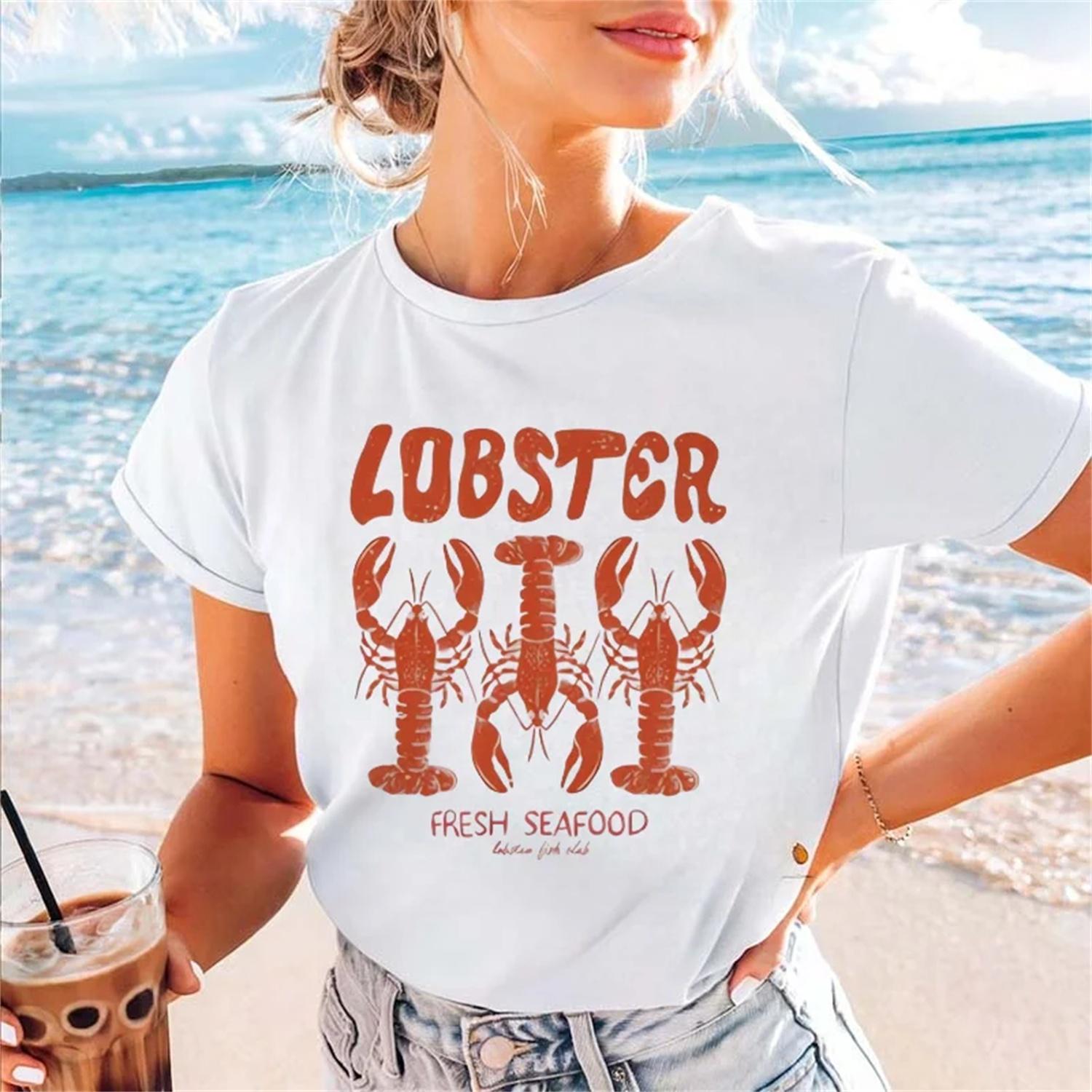 2025 Women s Basic Summer Crayfish Printed Pattern Kawaii Women s 90s Clothing Casual Style New Top Women s Regular T-Shirt XXXXXL белый