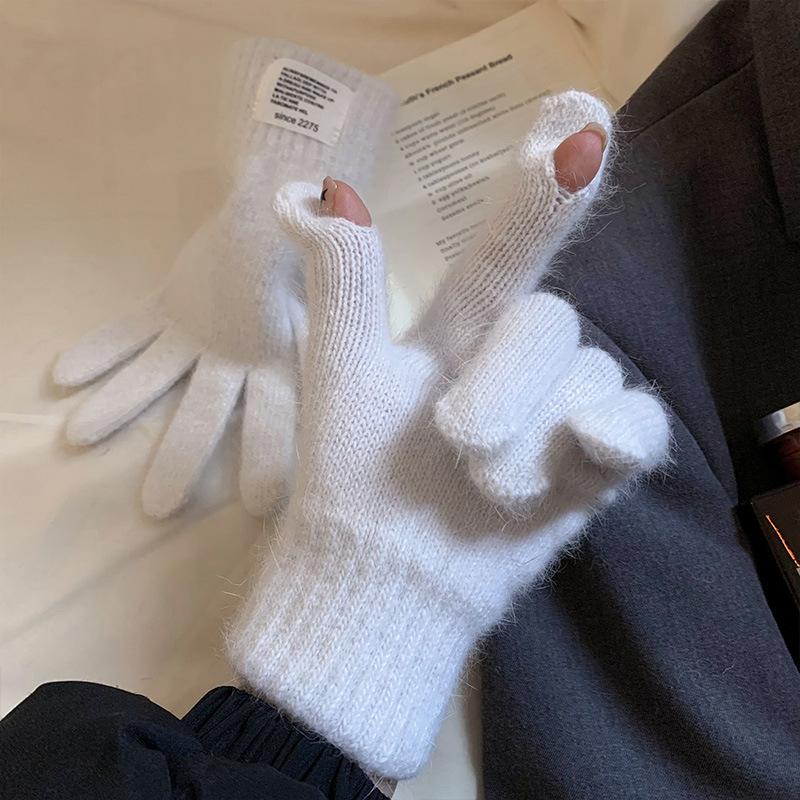 Thickened Cycling Knitted Warm Gloves for Women In Winter New Students Solid Color Touch Touching Finger Tight Yarn Split Finger