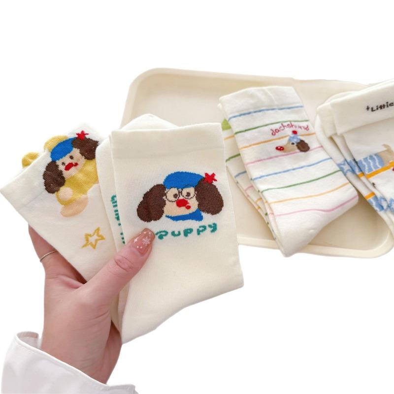Female Spring and Summer Cute Dachshund Dog Cartoon Striped Preppy Socks