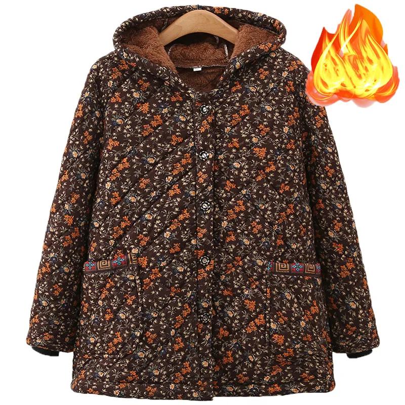 Women's Winter Plus Size Fleece-Lined Warm Coat Hooded Casual Jacket for Middle-Aged and Elderly Women