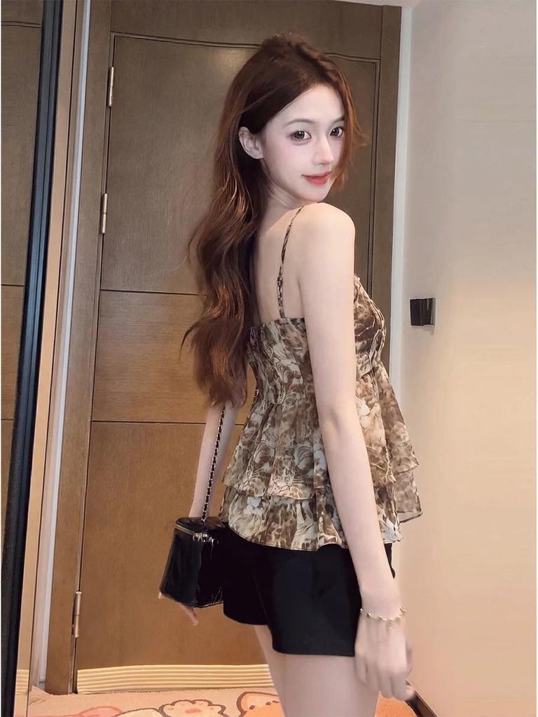 Vintage Leopard Print Suspender Vest Women's Summer V-neck Versatile Streamer Sleeveless Top