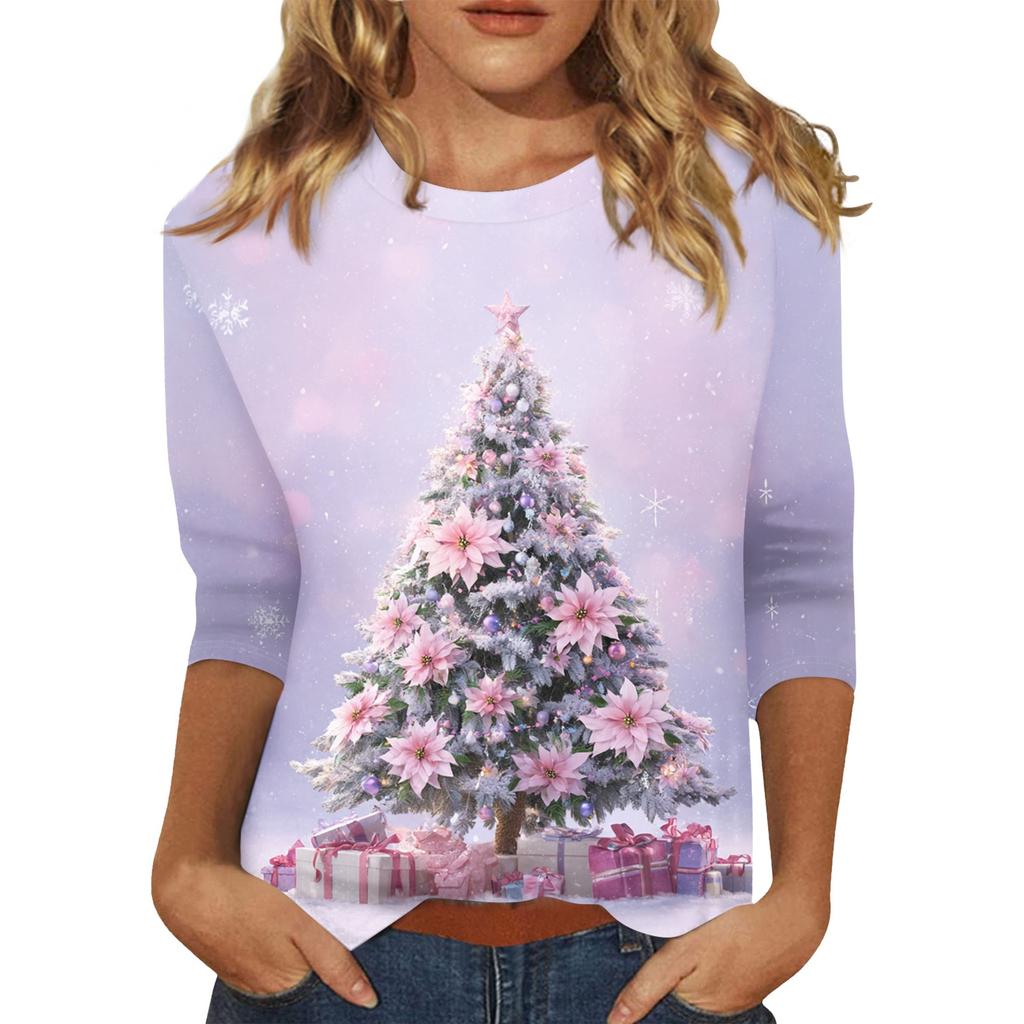 Women's O-Neck 3/4 Sleeve Christmas Print Top