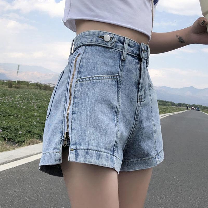 Ladies's Summer Korean Harajuku Edition American Retro Fashion Denim Shorts Design Zipper Y2K Loose Wide Leg Shorts Black Blue