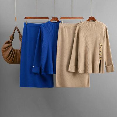 Mode Set Damen Herbst Winter Seitenschlitz Knopf Dekoration Pullover Halbrock Zweiteiler